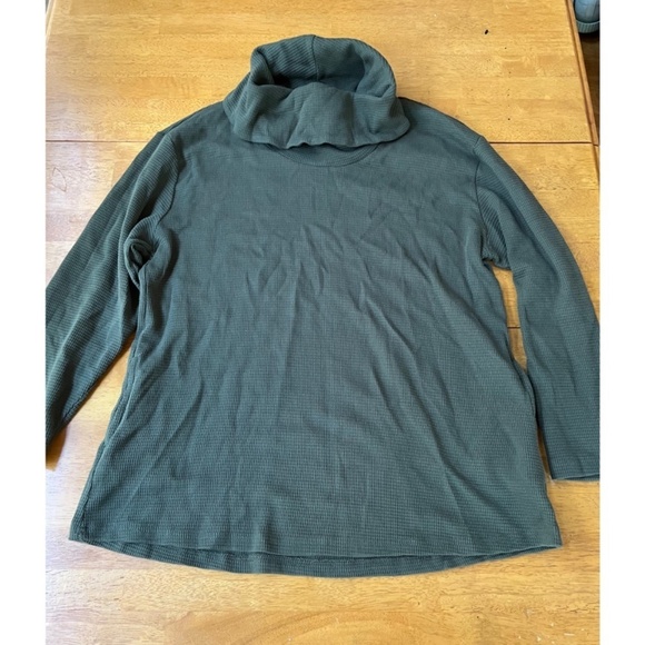 Lulu B Waffle Knit Army Green Blouse Cowl Neck Pockets Top Shirt, Size XL - Picture 2 of 8